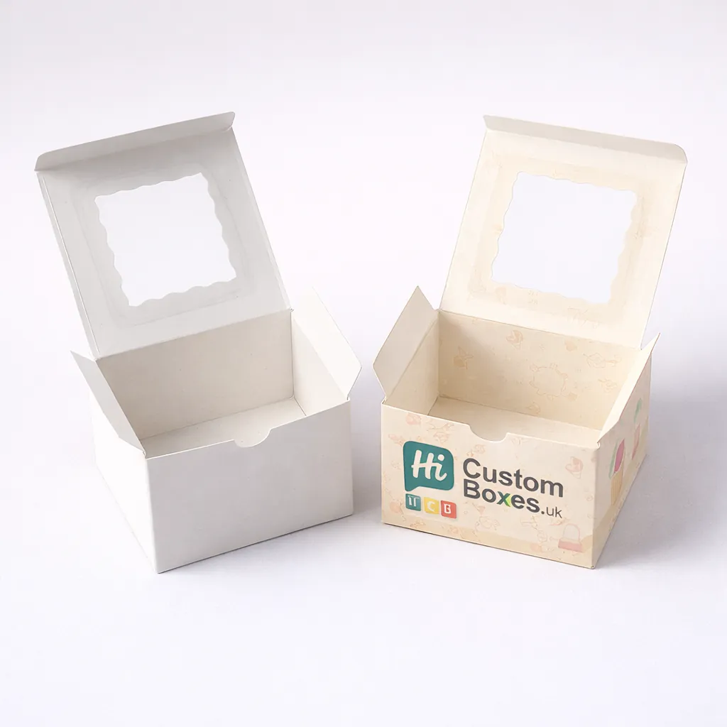 Two square two-piece rigid boxes, one plain white and one featuring elegant blue floral cake branding.